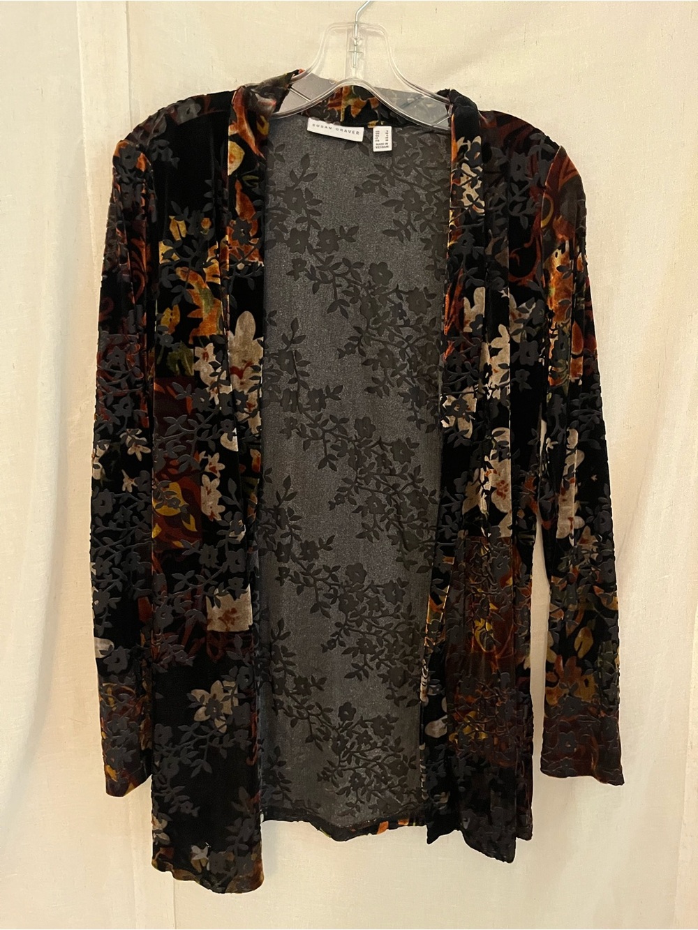 Susan Graver Black Velvet Floral Open Cardigan with Multi-Color Accents